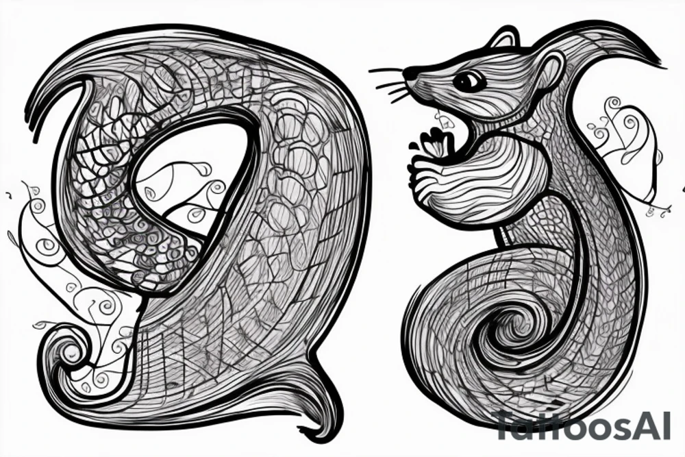 the interlacing of the line, the contour resembles a squirrel that stretches behind a nut, the head at the bottom, the tail at the top tattoo idea