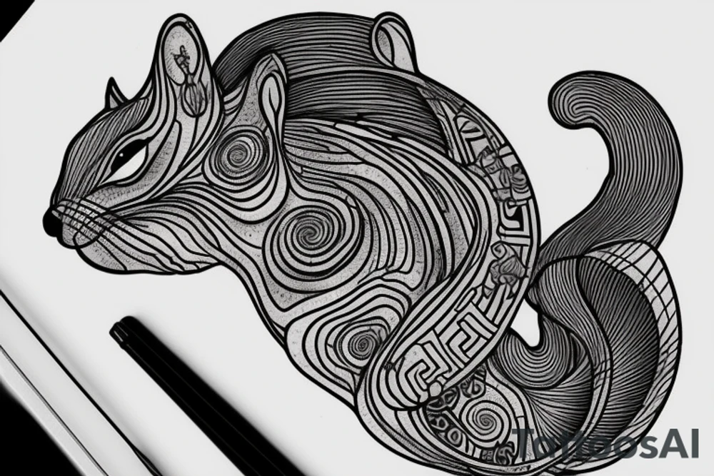 the interlacing of the line, the contour resembles a squirrel that stretches behind a nut, the head at the bottom, the tail at the top tattoo idea