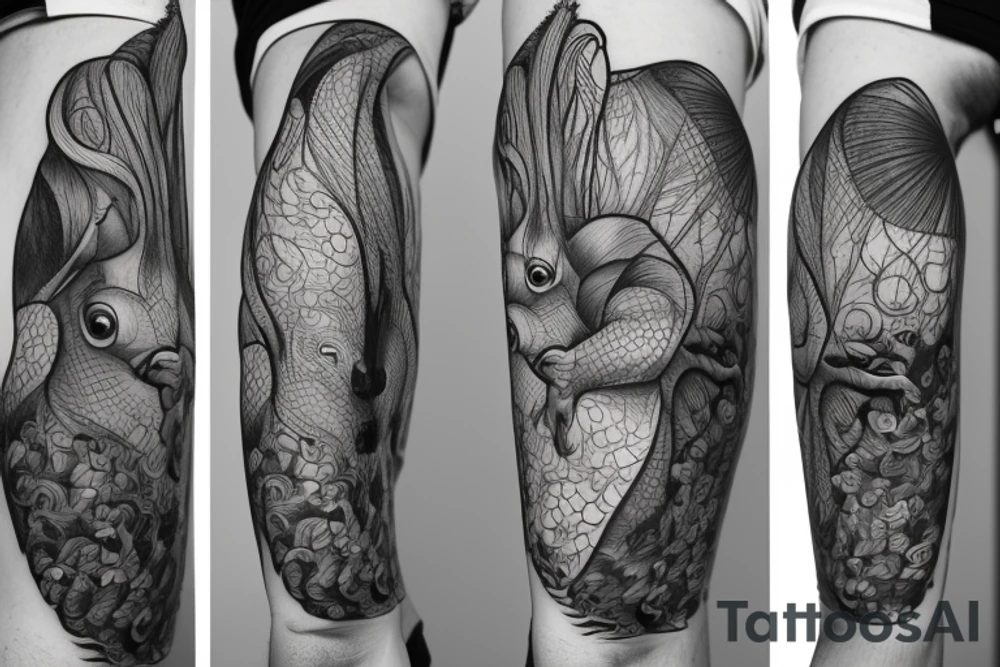 the interlacing of the line, the contour resembles a squirrel that stretches behind a nut, the head at the bottom, the tail at the top tattoo idea
