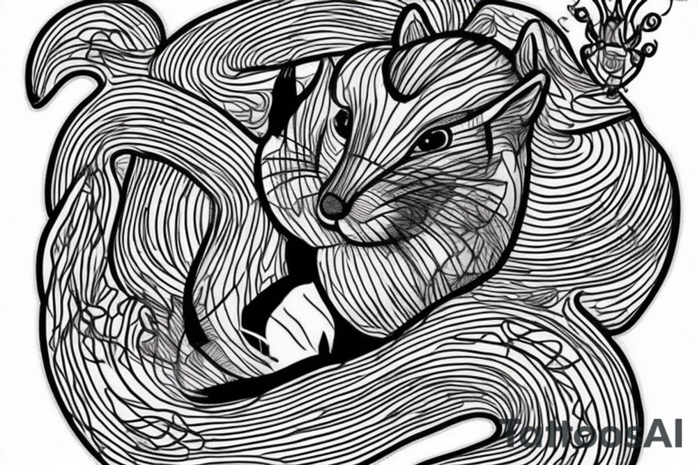 the interlacing of the line, the contour resembles a squirrel that stretches behind a nut, the head at the bottom, the tail at the top tattoo idea