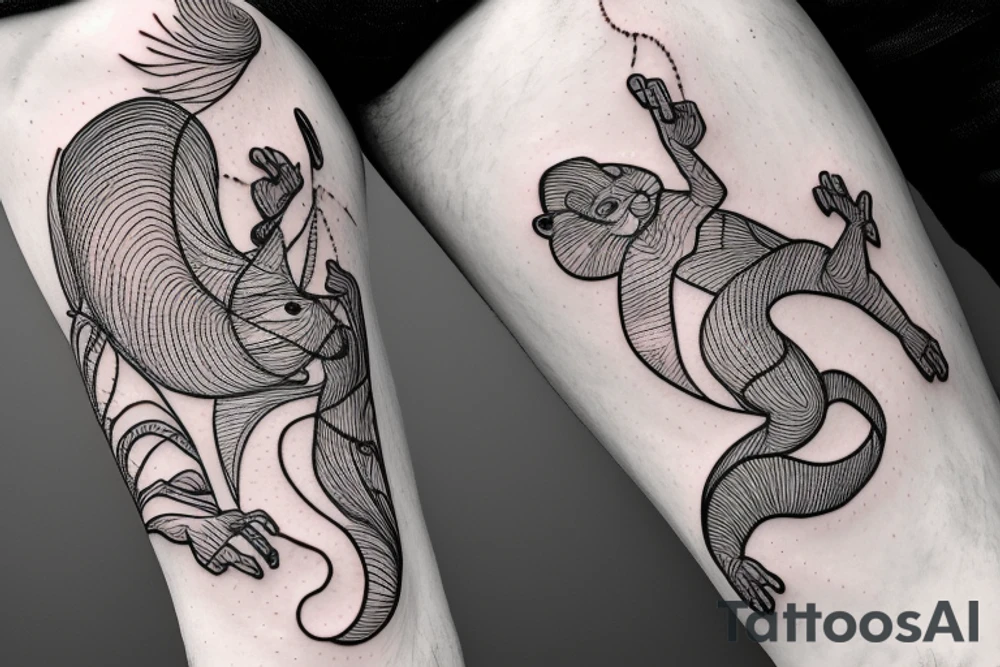 the interlacing of the line, the contour resembles a squirrel that stretches behind a nut, the head at the bottom, the tail at the top tattoo idea