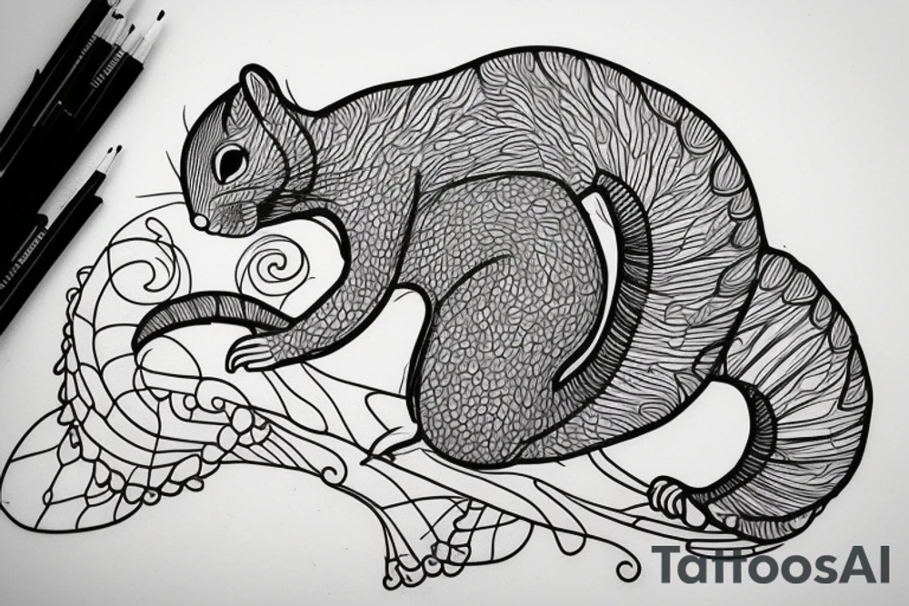 the interlacing of the line, the contour resembles a squirrel that stretches behind a nut, the head at the bottom, the tail at the top tattoo idea