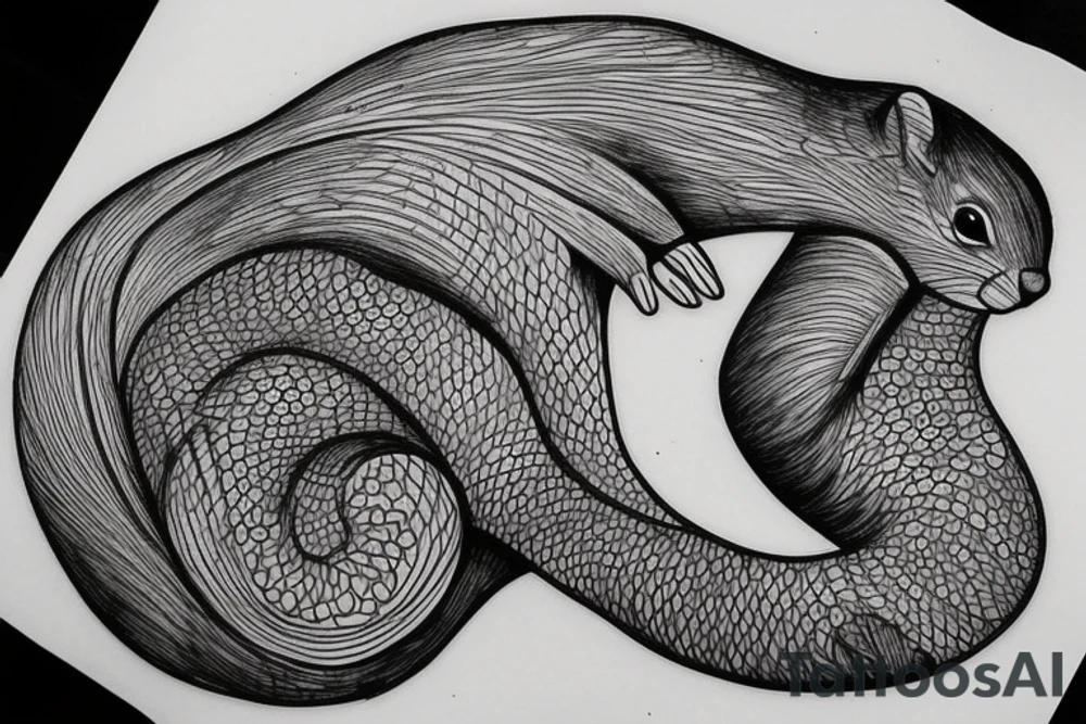 the interlacing of the line, the contour resembles a squirrel that stretches behind a nut, the head at the bottom, the tail at the top tattoo idea