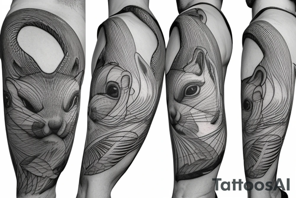 the interlacing of the line, the contour resembles a squirrel that stretches behind a nut, the head at the bottom, the tail at the top tattoo idea