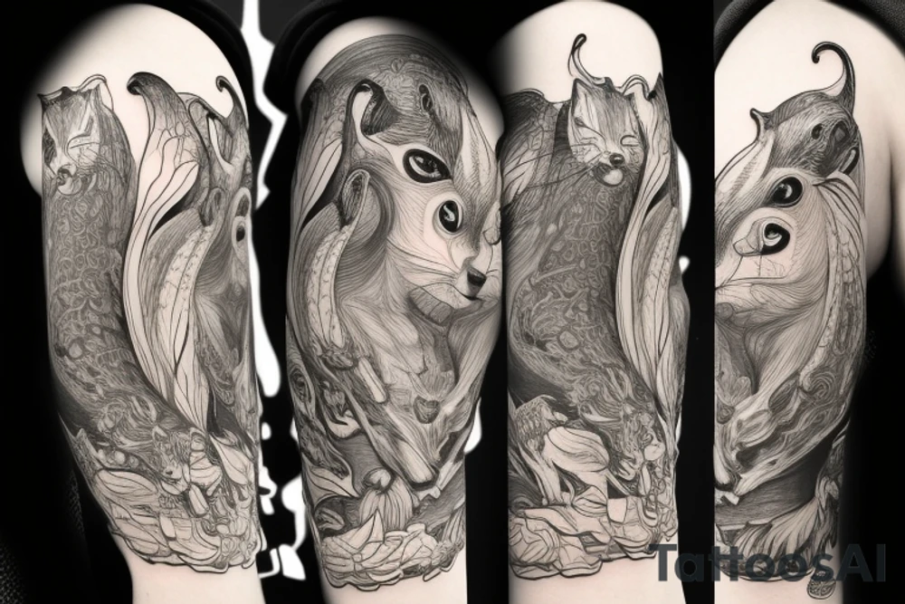the interlacing of the line, the contour resembles a squirrel that stretches behind a nut, the head at the bottom, the tail at the top tattoo idea