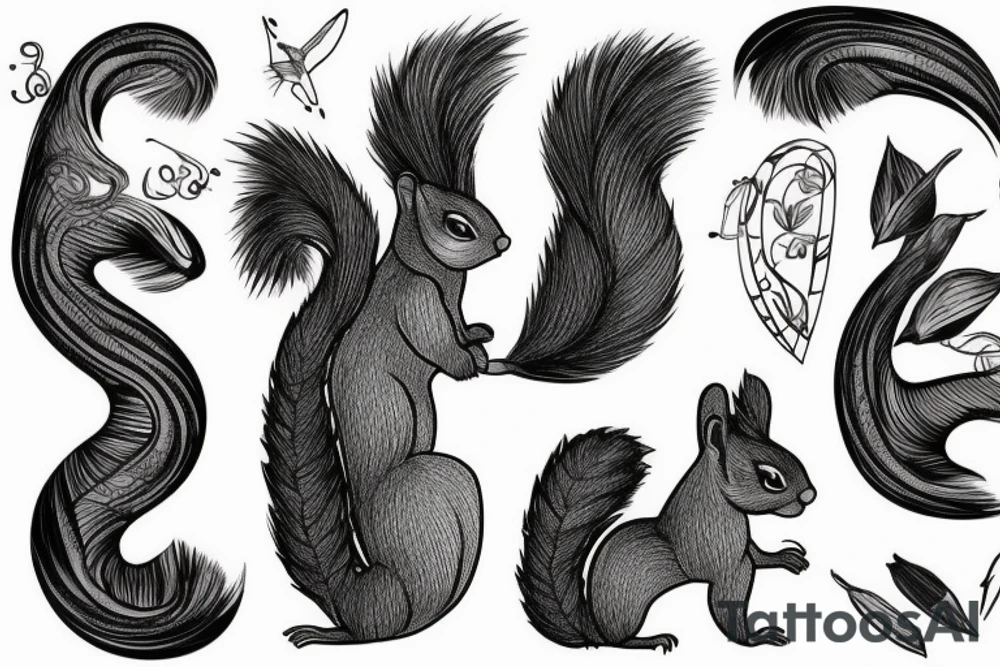 the interlacing of the line, the contour resembles a squirrel that stretches behind a nut, the head at the bottom, the tail at the top tattoo idea