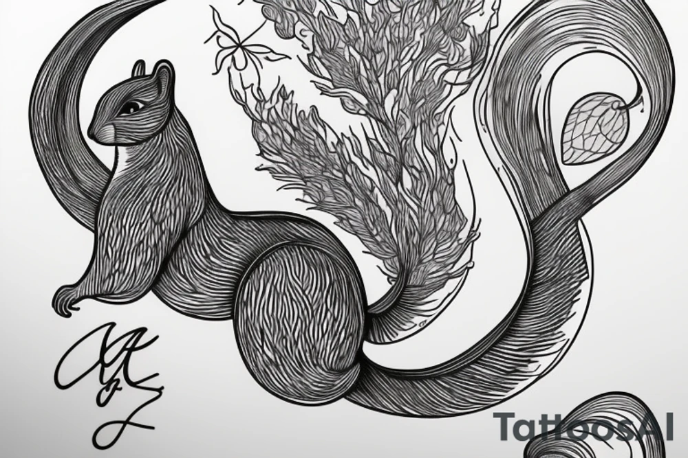 the interlacing of the line, the contour resembles a squirrel that stretches behind a nut, the head at the bottom, the tail at the top tattoo idea