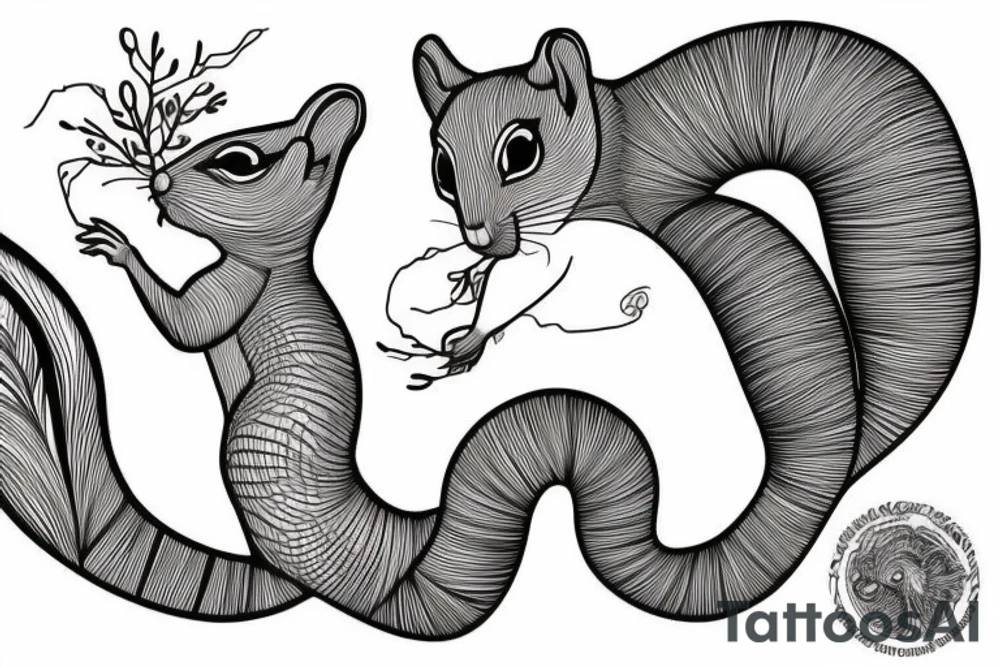 the interlacing of the line, the contour resembles a squirrel that stretches behind a nut, the head at the bottom, the tail at the top tattoo idea