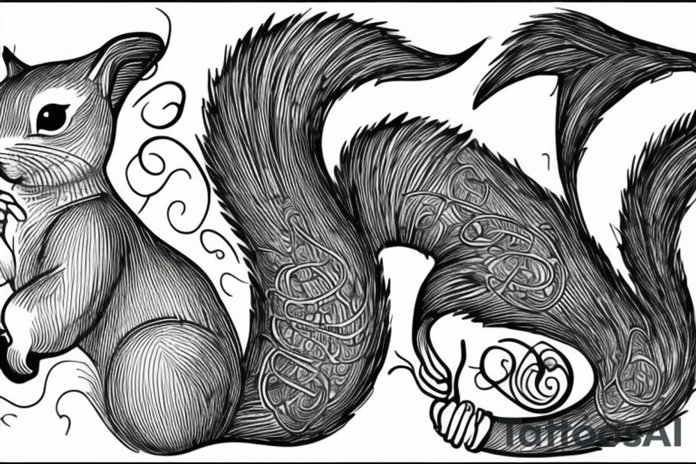 the interlacing of the line, the contour resembles a squirrel that stretches behind a nut, the head at the bottom, the tail at the top tattoo idea