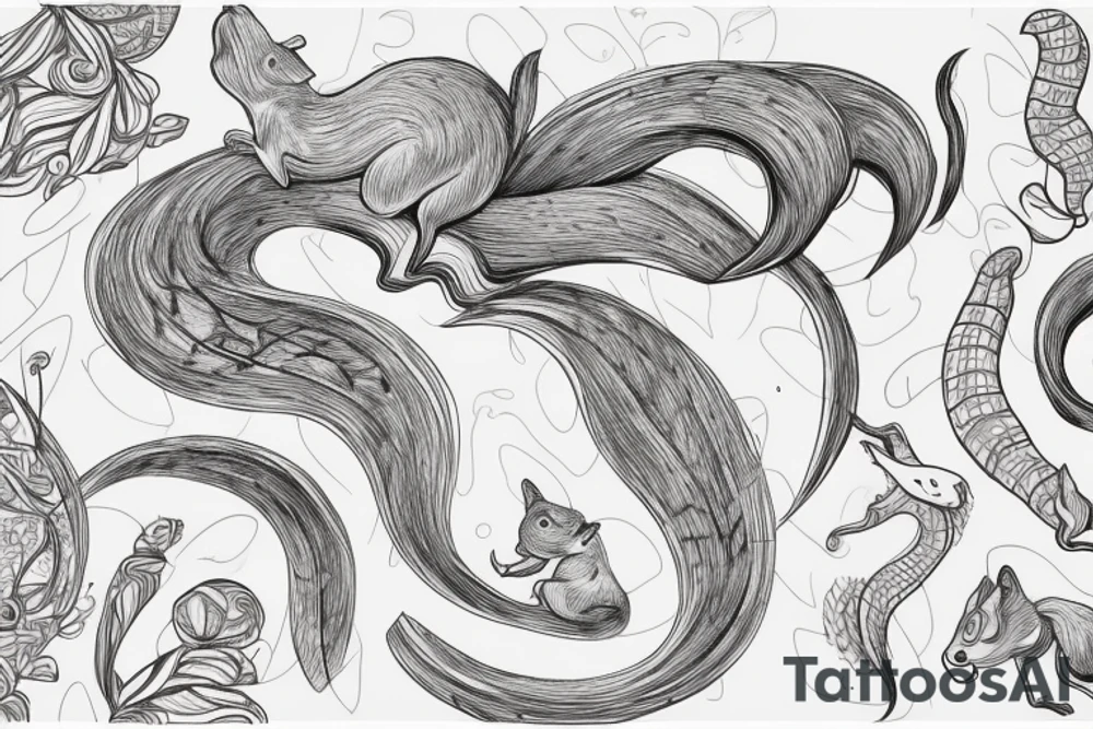 the interlacing of the line, the contour resembles a squirrel that stretches behind a nut, the head at the bottom, the tail at the top tattoo idea