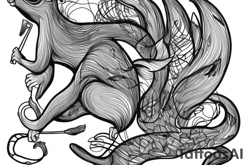 the interlacing of the line, the contour resembles a squirrel that stretches behind a nut, the head at the bottom, the tail at the top tattoo idea