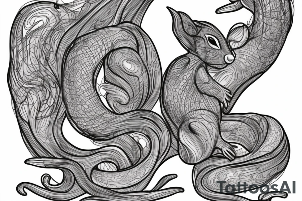 the interlacing of the line, the contour resembles a squirrel that stretches behind a nut, the head at the bottom, the tail at the top tattoo idea
