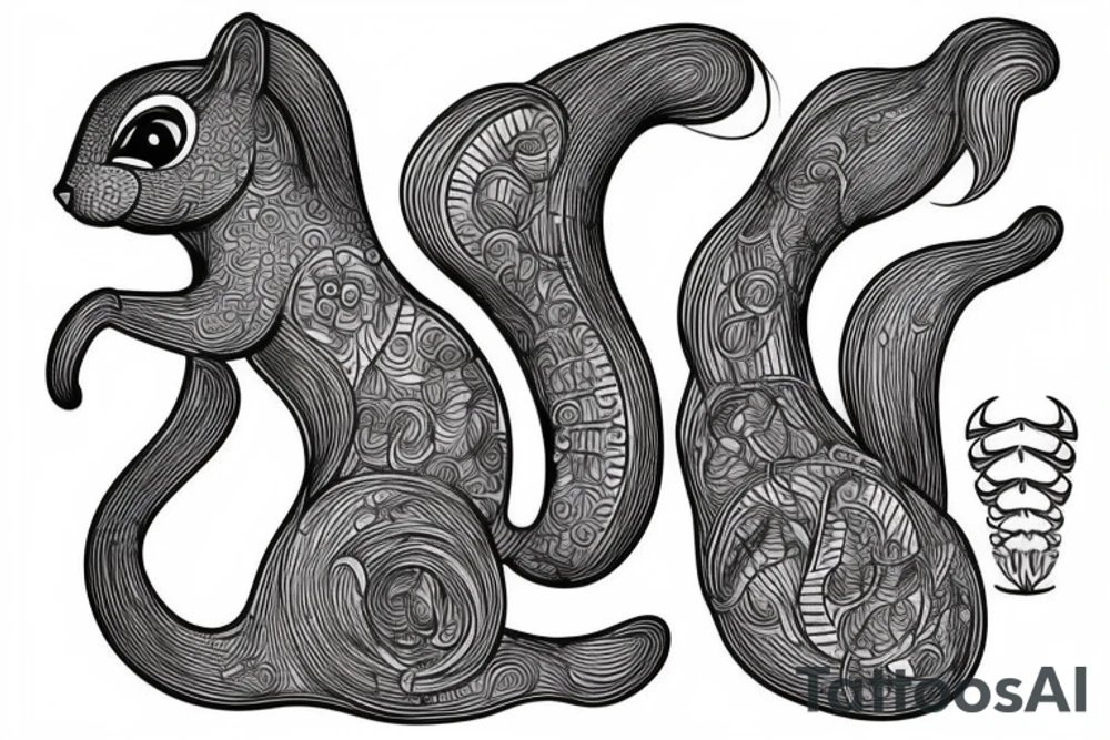 the interlacing of the line, the contour resembles a squirrel that stretches behind a nut, the head at the bottom, the tail at the top tattoo idea