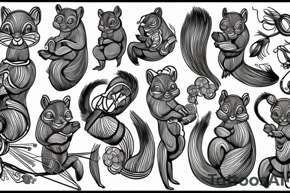 the interlacing of the line in the trable style, the contour resembles a squirrel with tassels on the ears, which stretches behind the nut, the head at the bottom, the tail at the top tattoo idea