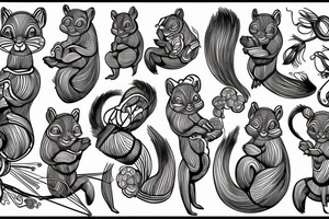 the interlacing of the line in the trable style, the contour resembles a squirrel with tassels on the ears, which stretches behind the nut, the head at the bottom, the tail at the top tattoo idea