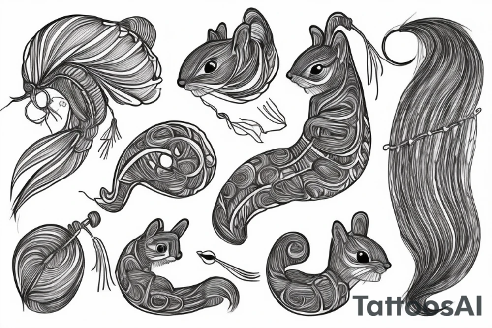 the interlacing of the line in the trable style, the contour resembles a squirrel with tassels on the ears, which stretches behind the nut, the head at the bottom, the tail at the top tattoo idea