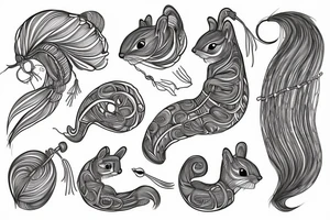 the interlacing of the line in the trable style, the contour resembles a squirrel with tassels on the ears, which stretches behind the nut, the head at the bottom, the tail at the top tattoo idea