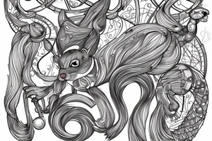 the interlacing of the line in the trable style, the contour resembles a squirrel with tassels on the ears, which stretches behind the nut, the head at the bottom, the tail at the top tattoo idea