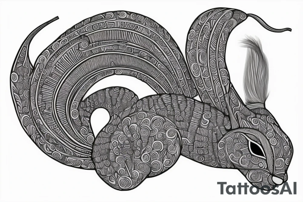 the interlacing of the line in the trable style, the contour resembles a squirrel with tassels on the ears, which stretches behind the nut, the head at the bottom, the tail at the top tattoo idea