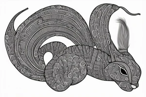 the interlacing of the line in the trable style, the contour resembles a squirrel with tassels on the ears, which stretches behind the nut, the head at the bottom, the tail at the top tattoo idea