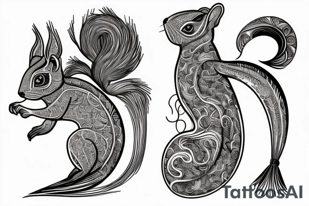 the interlacing of the line in the trable style, the contour resembles a squirrel with tassels on the ears, which stretches behind the nut, the head at the bottom, the tail at the top tattoo idea