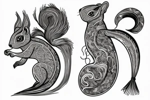 the interlacing of the line in the trable style, the contour resembles a squirrel with tassels on the ears, which stretches behind the nut, the head at the bottom, the tail at the top tattoo idea