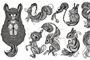 the interlacing of the line in the trable style, the contour resembles a squirrel with tassels on the ears, which stretches behind the nut, the head at the bottom, the tail at the top tattoo idea