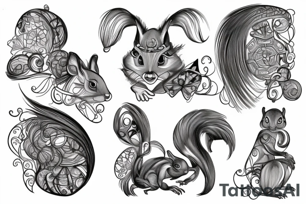 the interlacing of the line in the trable style, the contour resembles a squirrel with tassels on the ears, which stretches behind the nut, the head at the bottom, the tail at the top tattoo idea