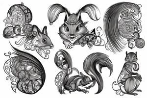 the interlacing of the line in the trable style, the contour resembles a squirrel with tassels on the ears, which stretches behind the nut, the head at the bottom, the tail at the top tattoo idea