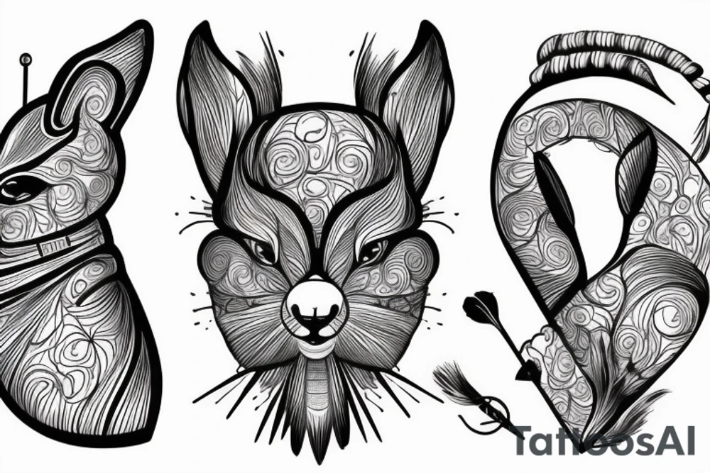 the interlacing of the line in the trable style, the contour resembles a squirrel with tassels on the ears, which stretches behind the nut, the head at the bottom, the tail at the top tattoo idea