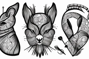 the interlacing of the line in the trable style, the contour resembles a squirrel with tassels on the ears, which stretches behind the nut, the head at the bottom, the tail at the top tattoo idea