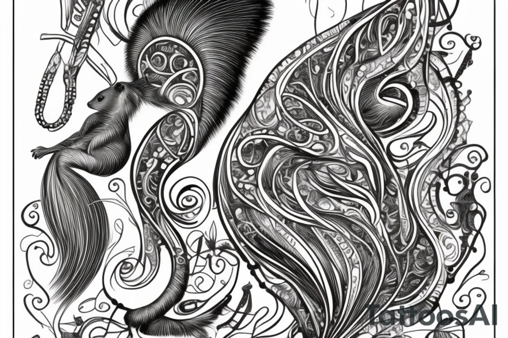 the interlacing of the line in the trable style, the contour resembles a squirrel with tassels on the ears, which stretches behind the nut, the head at the bottom, the tail at the top tattoo idea