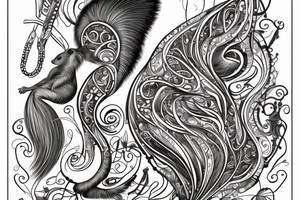 the interlacing of the line in the trable style, the contour resembles a squirrel with tassels on the ears, which stretches behind the nut, the head at the bottom, the tail at the top tattoo idea