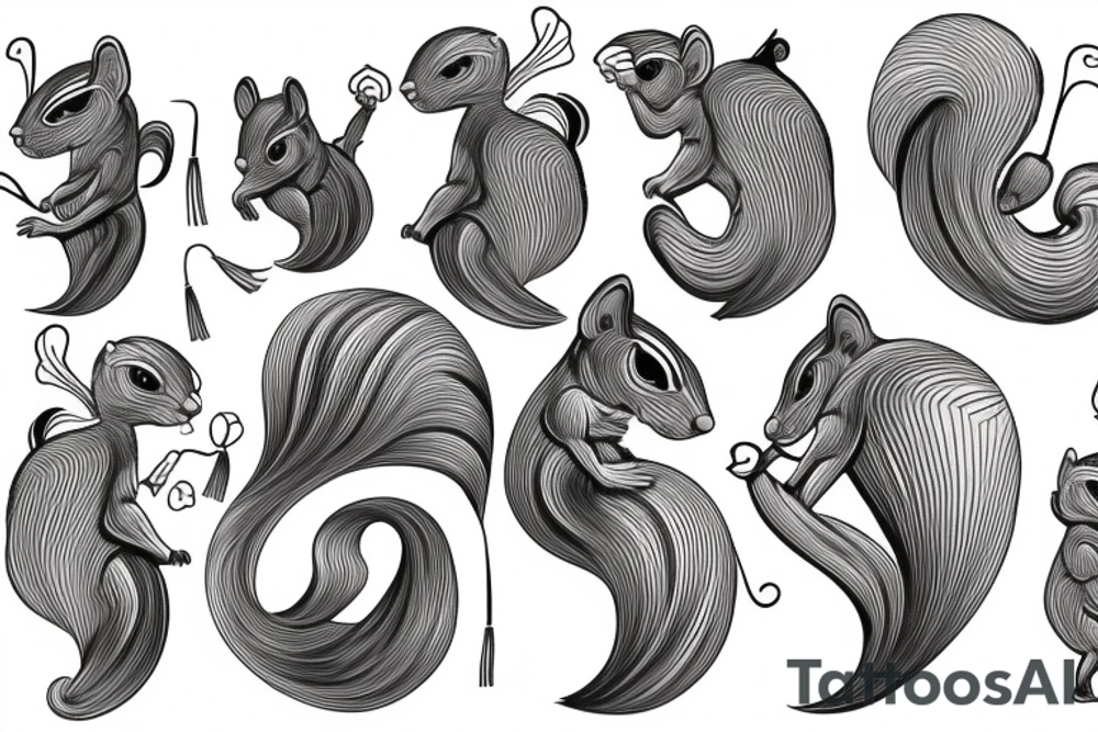 the interlacing of the line in the trable style, the contour resembles a squirrel with tassels on the ears, which stretches behind the nut, the head at the bottom, the tail at the top tattoo idea