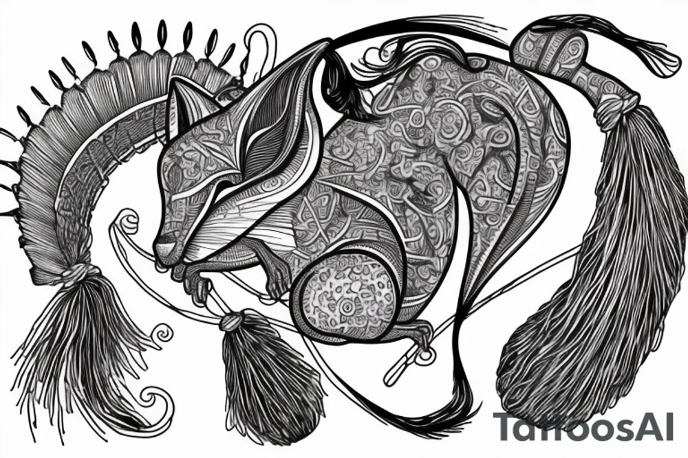 the interlacing of the line in the trable style, the contour resembles a squirrel with tassels on the ears, which stretches behind the nut, the head at the bottom, the tail at the top tattoo idea