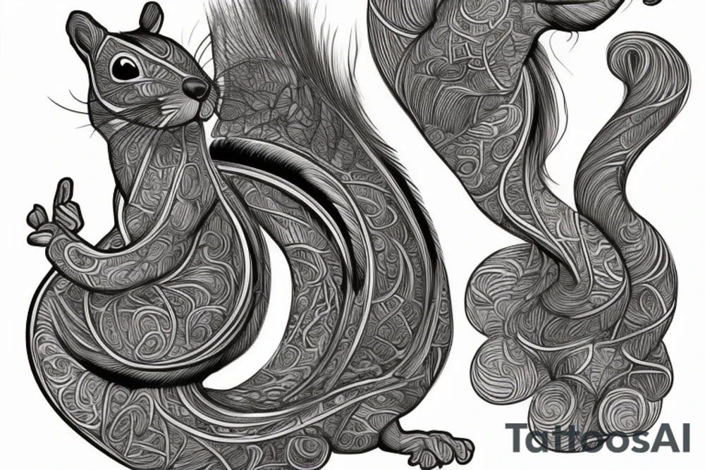 the interlacing of the line in the trable style, the contour resembles a squirrel with tassels on the ears, which stretches behind the nut, the head at the bottom, the tail at the top tattoo idea
