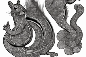 the interlacing of the line in the trable style, the contour resembles a squirrel with tassels on the ears, which stretches behind the nut, the head at the bottom, the tail at the top tattoo idea