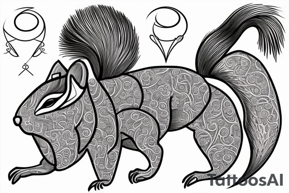 the interlacing of the line in the trable style, the contour resembles a squirrel with tassels on the ears, which stretches behind the nut, the head at the bottom, the tail at the top tattoo idea