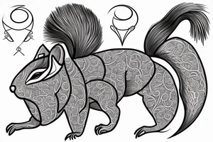 the interlacing of the line in the trable style, the contour resembles a squirrel with tassels on the ears, which stretches behind the nut, the head at the bottom, the tail at the top tattoo idea