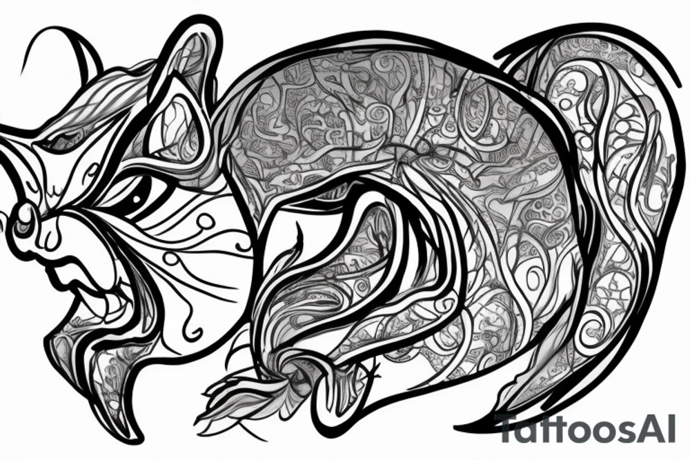 the interlacing of the line in the trable style, the contour resembles a angry squirrel with tassels on the ears, which stretches behind the nut, the head at the bottom, the tail at the top tattoo idea