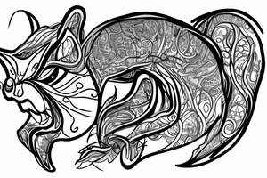 the interlacing of the line in the trable style, the contour resembles a angry squirrel with tassels on the ears, which stretches behind the nut, the head at the bottom, the tail at the top tattoo idea