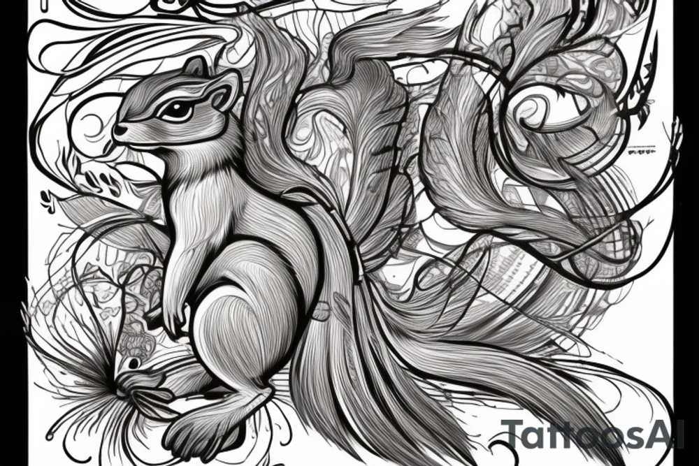 the interlacing of the line in the trable style, the contour resembles a angry squirrel with tassels on the ears, which stretches behind the nut, the head at the bottom, the tail at the top tattoo idea