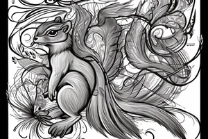 the interlacing of the line in the trable style, the contour resembles a angry squirrel with tassels on the ears, which stretches behind the nut, the head at the bottom, the tail at the top tattoo idea