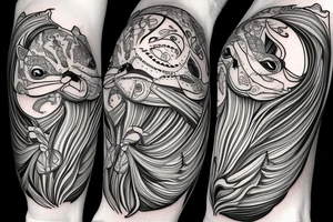 the interlacing of the line in the trable style, the contour resembles a angry squirrel with tassels on the ears, which stretches behind the nut, the head at the bottom, the tail at the top tattoo idea