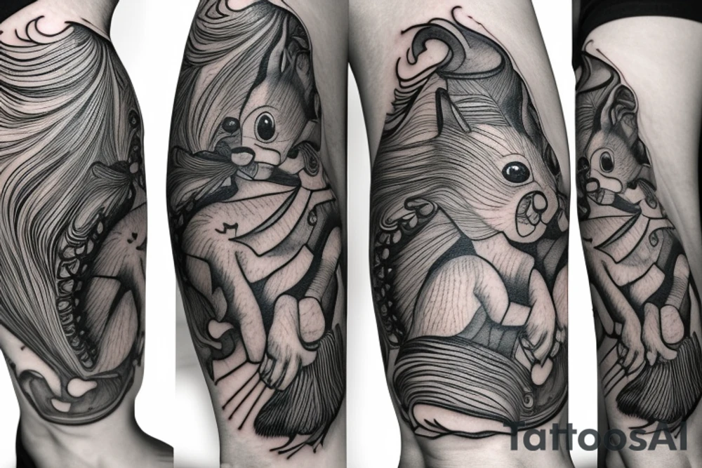 the interlacing of the line in the trable style, the contour resembles an attacking squirrel with tassels on the ears, which stretches behind the nut, the head at the bottom, the tail at the top tattoo idea