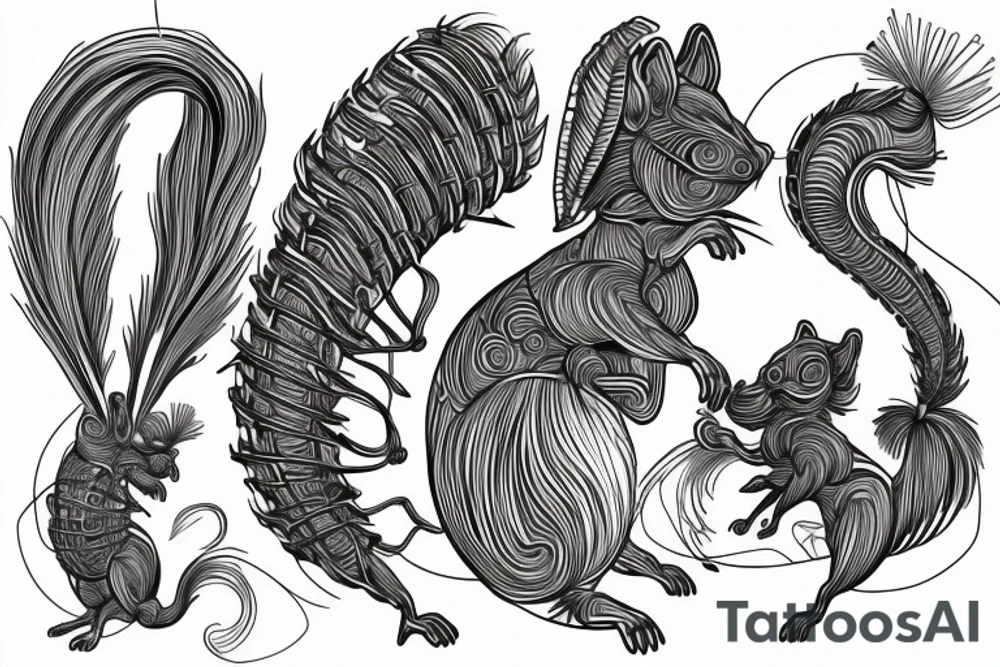 the interlacing of the line in the trable style, the contour resembles an attacking squirrel with tassels on the ears, which stretches behind the nut, the head at the bottom, the tail at the top tattoo idea