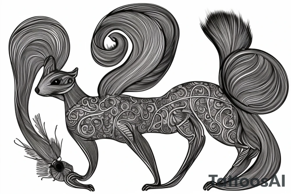 the interlacing of the line in the trable style, the contour resembles an attacking squirrel with tassels on the ears, which stretches behind the nut, the head at the bottom, the tail at the top tattoo idea