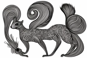 the interlacing of the line in the trable style, the contour resembles an attacking squirrel with tassels on the ears, which stretches behind the nut, the head at the bottom, the tail at the top tattoo idea