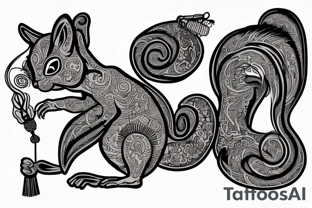 the interlacing of the line in the trable style, the contour resembles an attacking squirrel with tassels on the ears, which stretches behind the nut, the head at the bottom, the tail at the top tattoo idea
