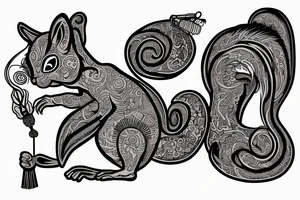 the interlacing of the line in the trable style, the contour resembles an attacking squirrel with tassels on the ears, which stretches behind the nut, the head at the bottom, the tail at the top tattoo idea